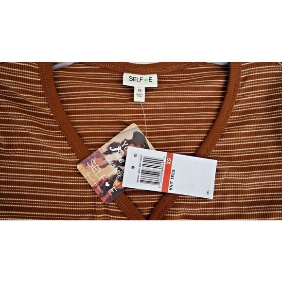 Self Esteem 13MPAQHP Women's Sz XS Glazed Ginger Striped Ribbed V-Neck Knit Tee - Picture 2 of 5